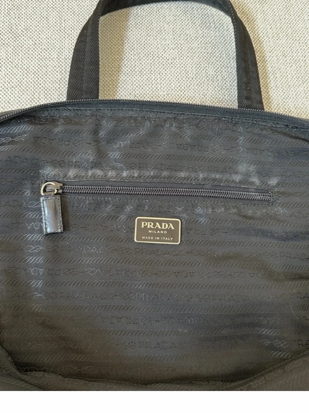 UNISEX PRADA Black Nylon Tote Bag with Silver Hardware Zipper and Padlock.